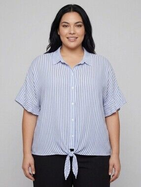 George Blue & White Striped Tie-Front Button Down Top, Plus Size 3X